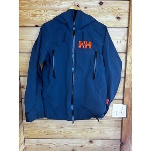 Helly Hansen ULLR Mens Ski Jacket Navy Blue Orange Hooded Shell Size Medium